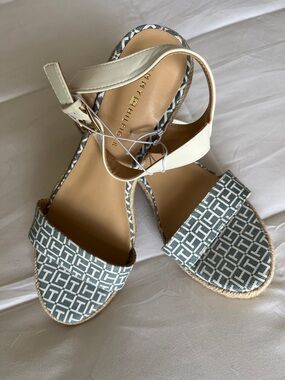 Tommy Hilfiger White and Blue Geometric Ankle-Strap Sandals